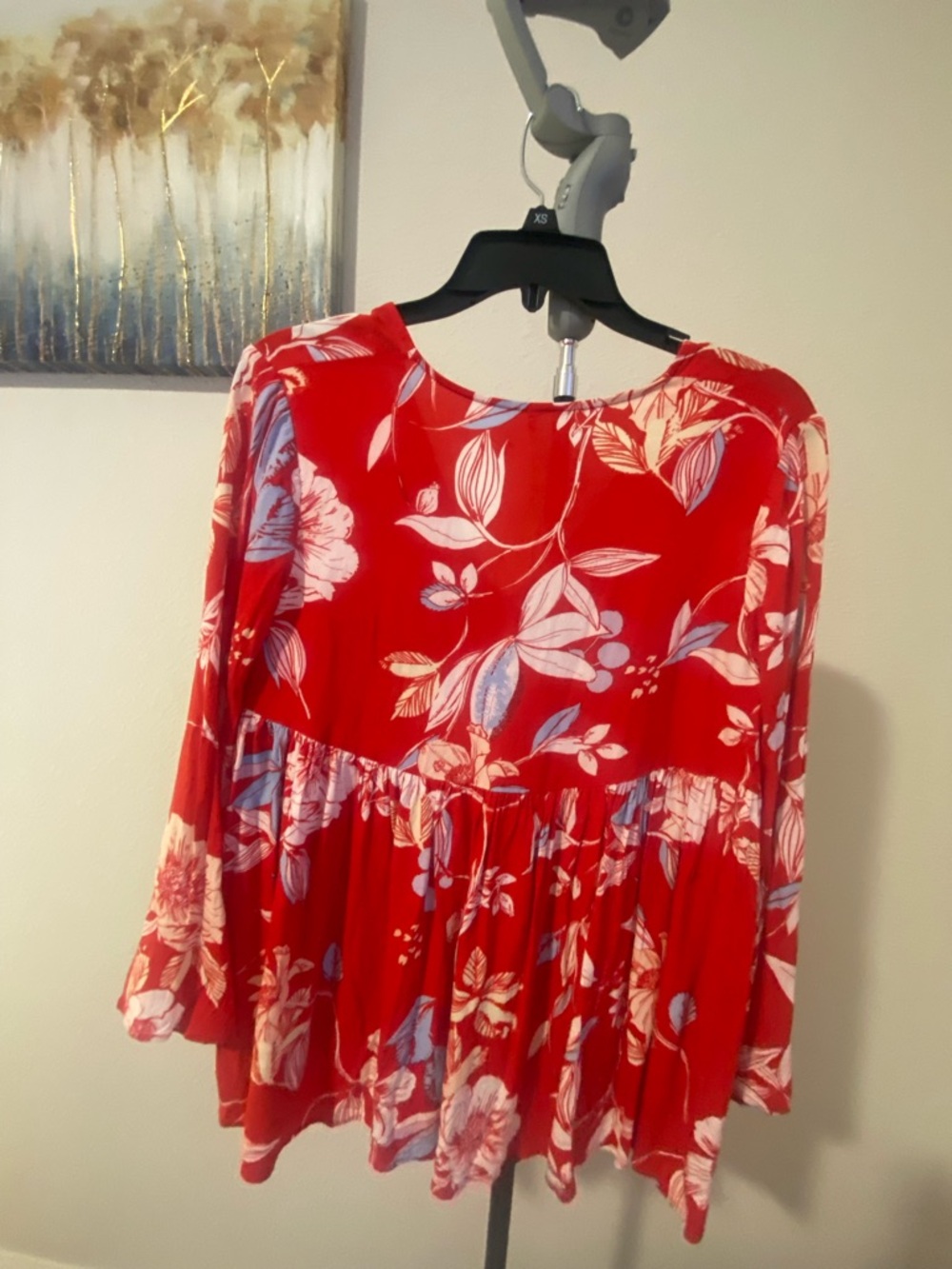 Women's Red Floral Long-Sleeve Peplum Top